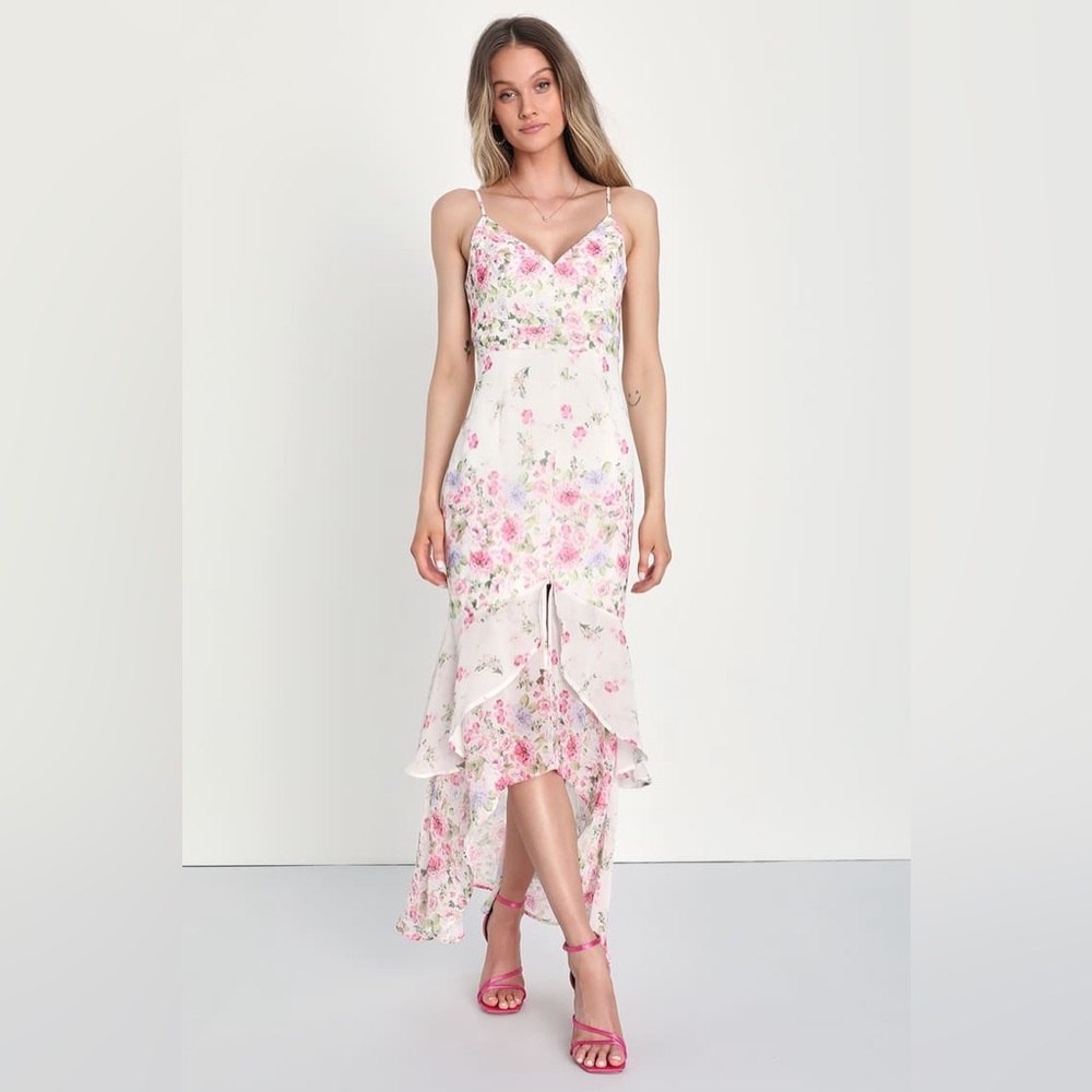 NWOT Lulus Breathtaking Vision White Floral Sleeveless High-Low Dress Size S